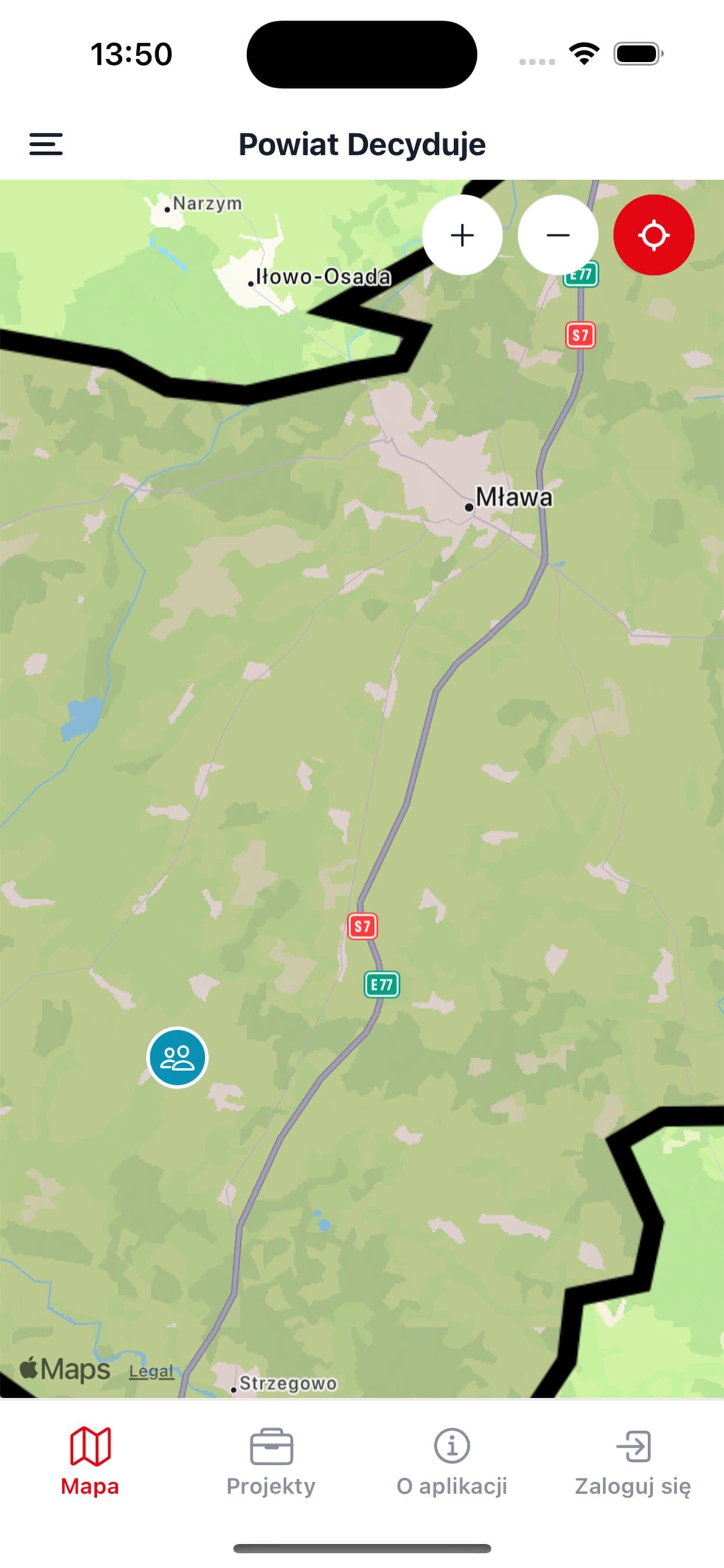 Mapa projektów w aplikacji Powiat Decyduje