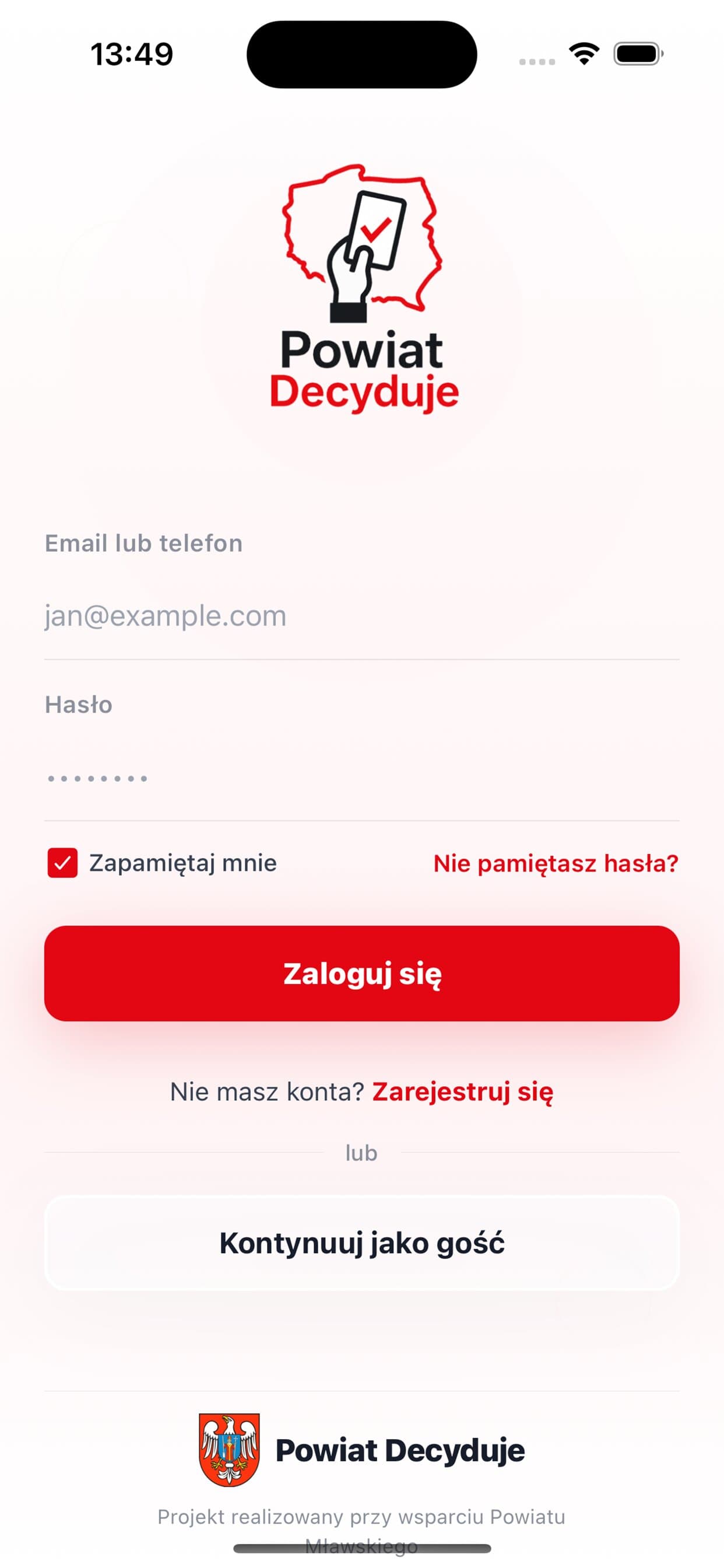 Ekran startowy aplikacji Powiat Decyduje